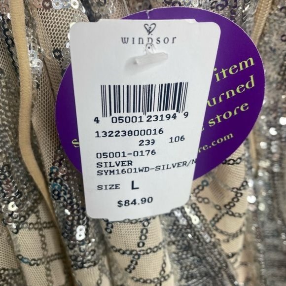 Windsor silver and tan sequins cocktail party open back straps dress size L  NWT - Picture 11 of 15